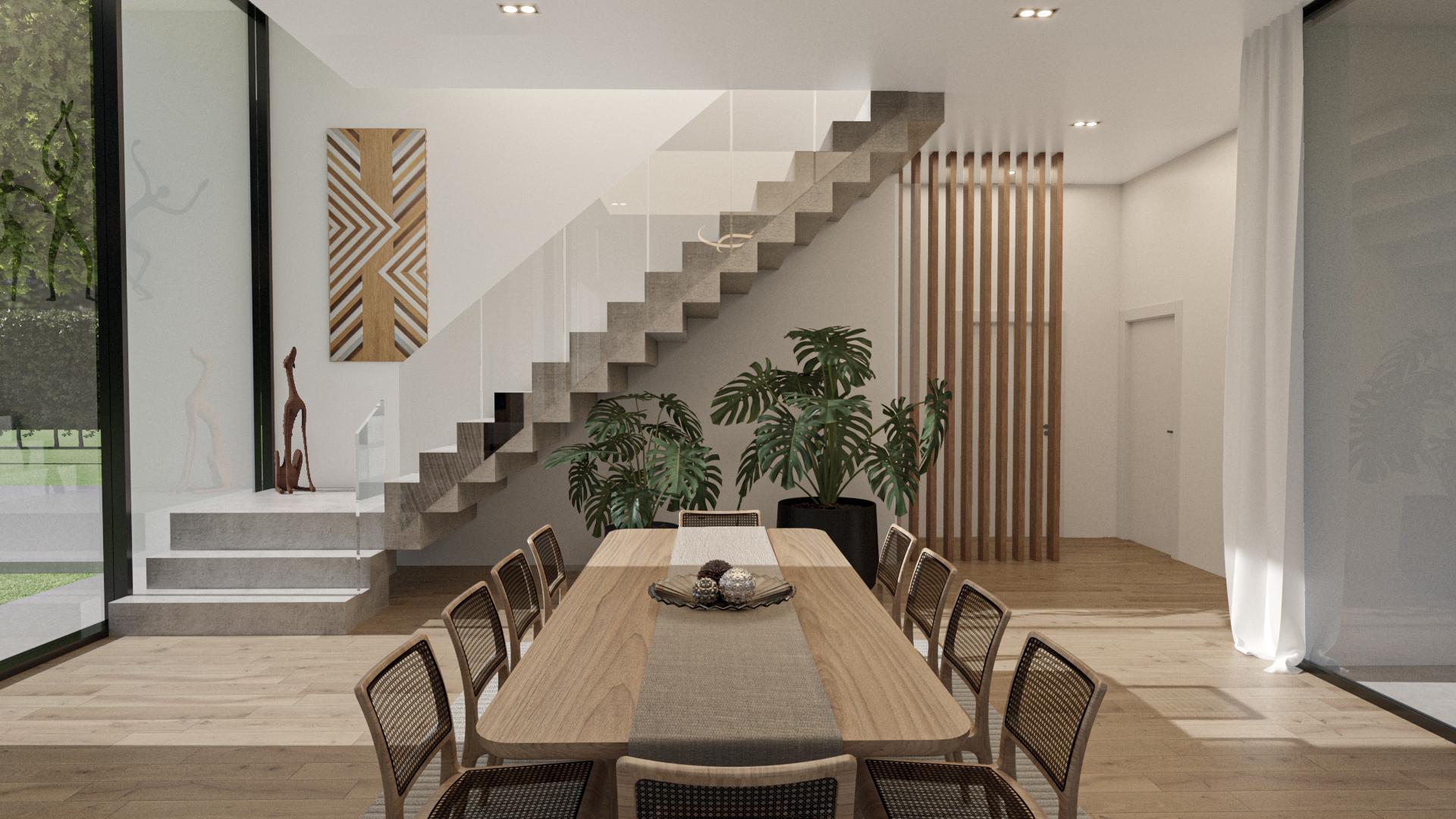 Comedor con escalera de hormigón